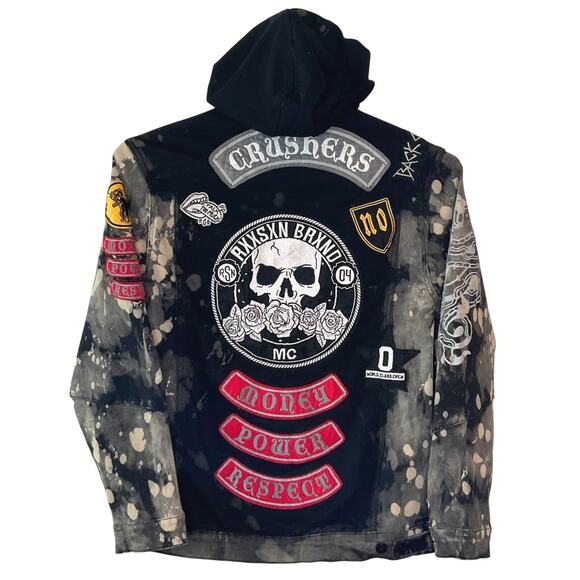 Reason NYC Moto Hooded Denim Jacket Mens XL Distressed Bleach Splatter Patches - Picture 8 of 16